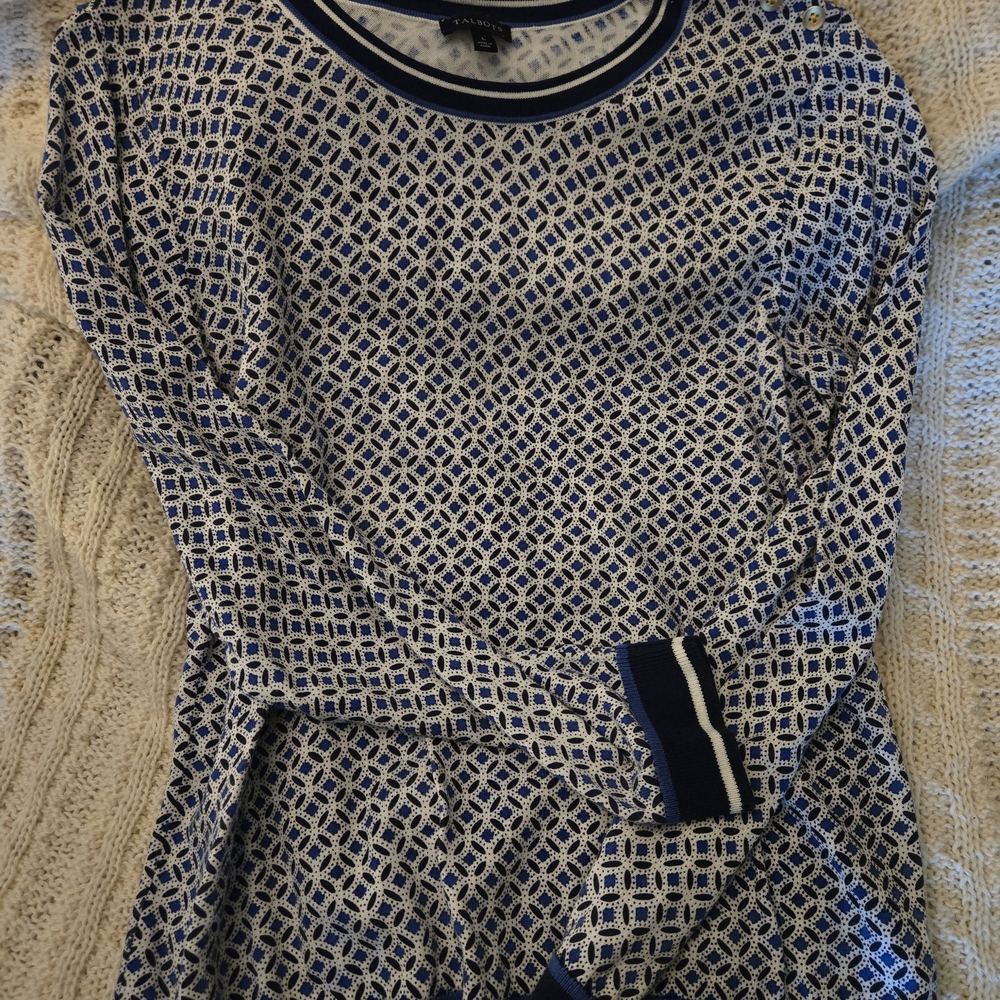 Talbots Blue and White Geometric Button-Shoulder Knit Top